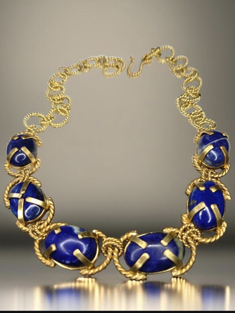 18k Gold Plated Artisan Twisted Rope Genuine Natural Lapis Lazuli Caged Necklace